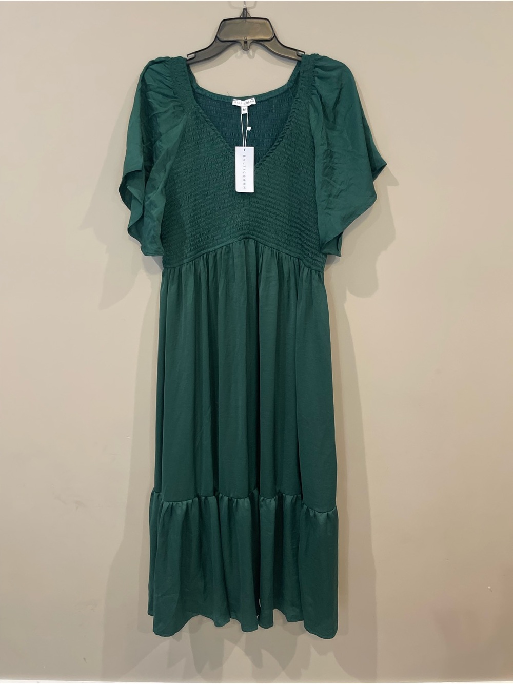 Baltic Born Deep Green Smocked Midi Dress with Flutter Sleeves